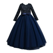 JSCDRPDWL Flower Girl Dress Kids Girls Vintage Flower Lace 3/4 Sleeves Formal Wedding Party Dance Dress Girls' Fashion Dress Up Clothes for Girls 4-6 Blue 4-5 Years